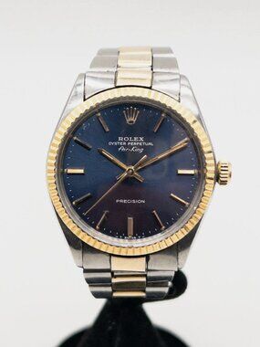 Rolex AirKing Two Tone Blue Face 14k 34mm Mens Watch